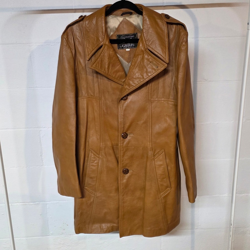 Vintage GRAIS Genuine Leather Coat Mens 42 Tan Button Front Classic Retro Rocker